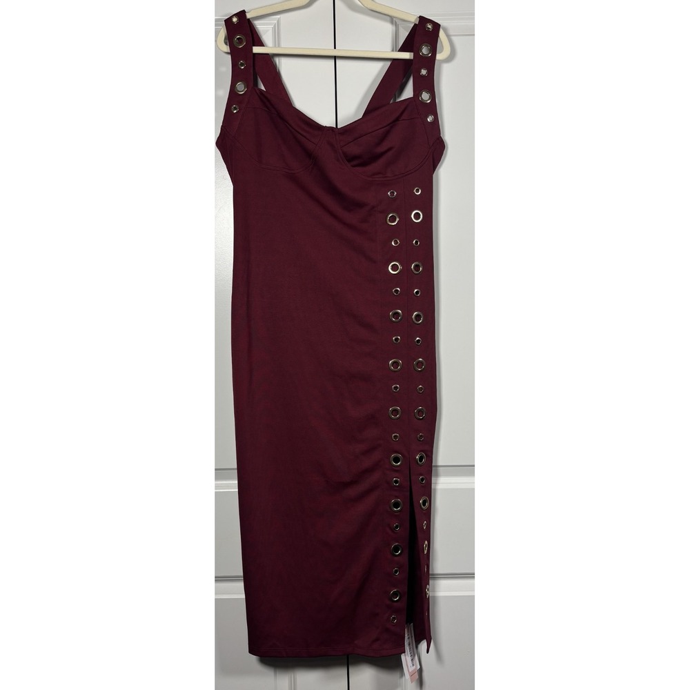 NWT Micas Womens Bodycon Midi Dress Burgundy Red Gold Eyelets High Slit XL